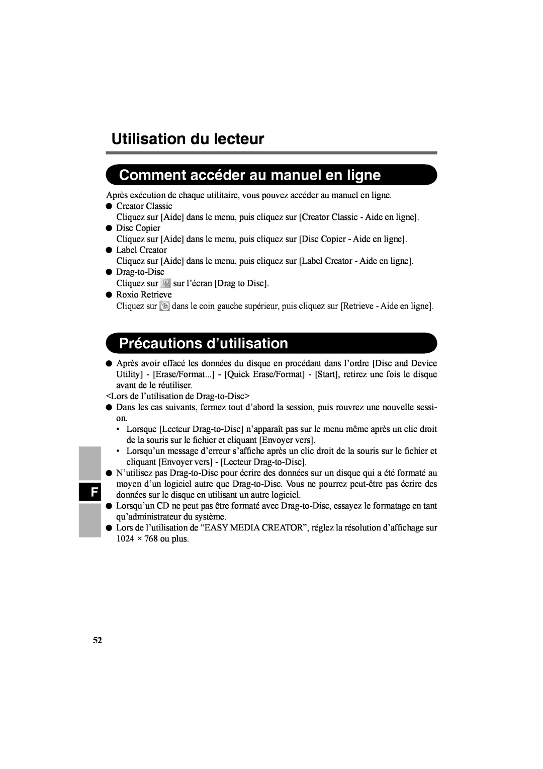 Panasonic CF-VDR301U specifications Comment accéder au manuel en ligne, Précautions d’utilisation, Utilisation du lecteur 