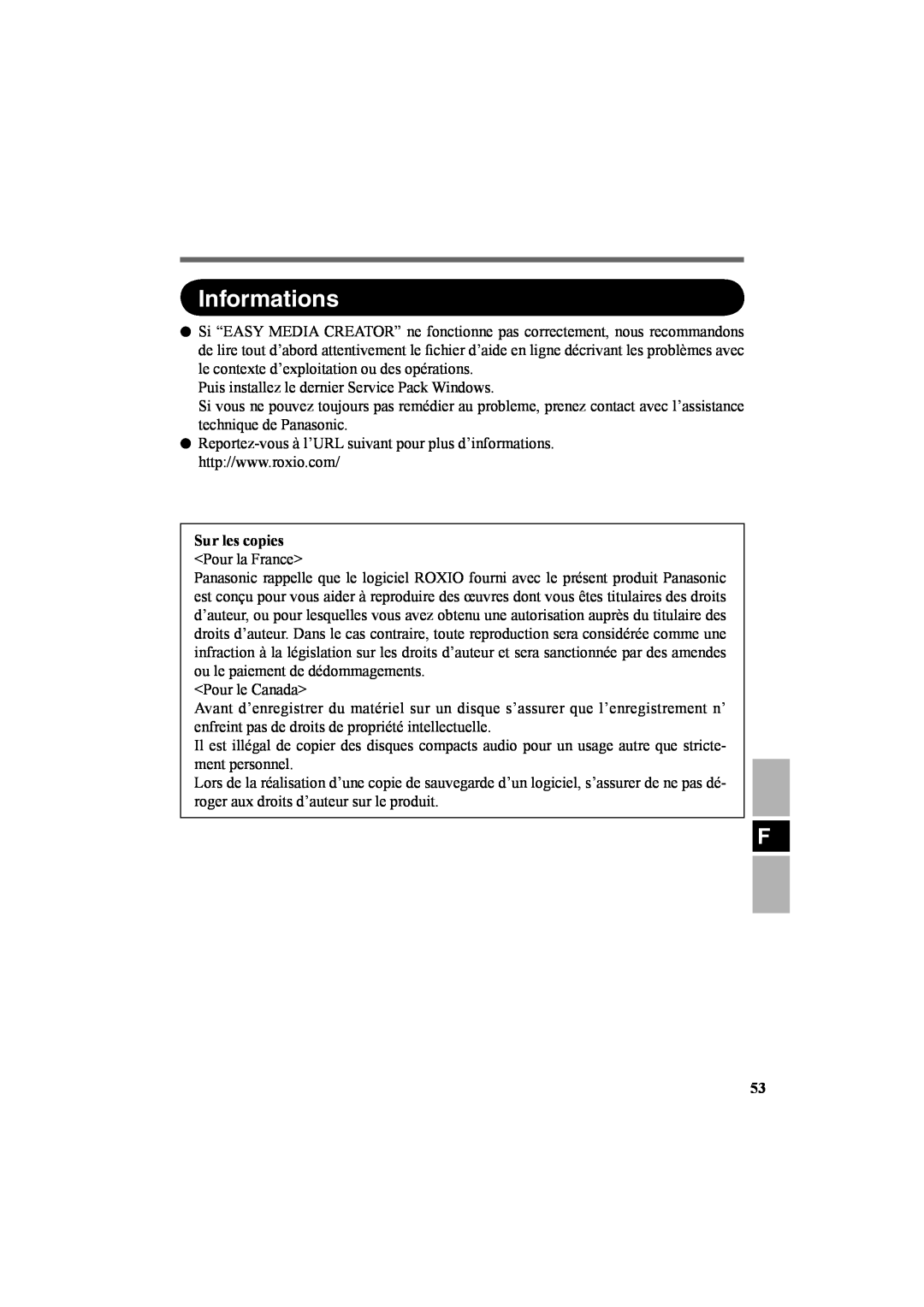 Panasonic CF-VDR301U specifications Sur les copies Pour la France, Informations 