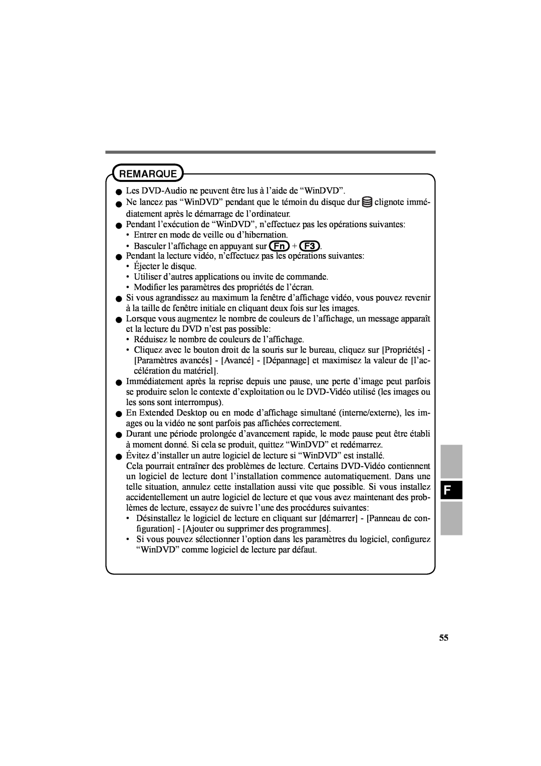 Panasonic CF-VDR301U specifications Remarque, Les DVD-Audio ne peuvent être lus à l’aide de “WinDVD” 