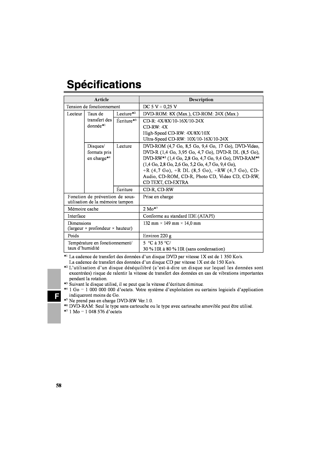 Panasonic CF-VDR301U specifications Spéciﬁcations, Article, Description, DVD-RW* 5 1,4 Go, 2,8 Go, 4,7 Go, 9,4 Go, DVD-RAM 