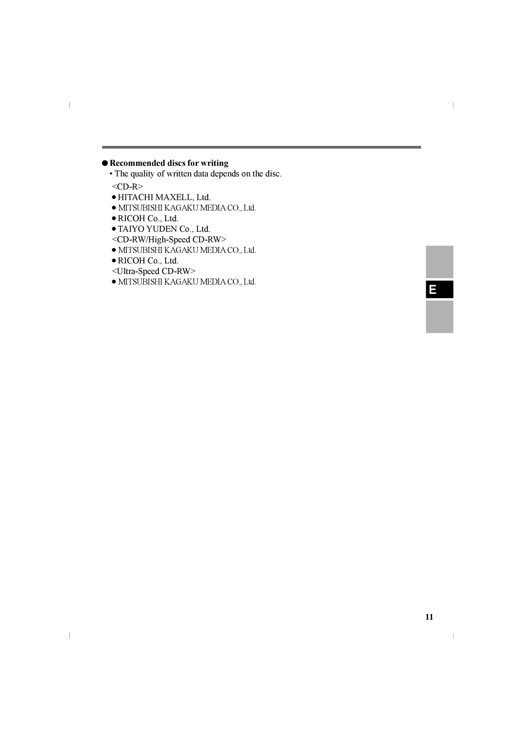 Panasonic CF-VDR302U manual Recommended discs for writing 