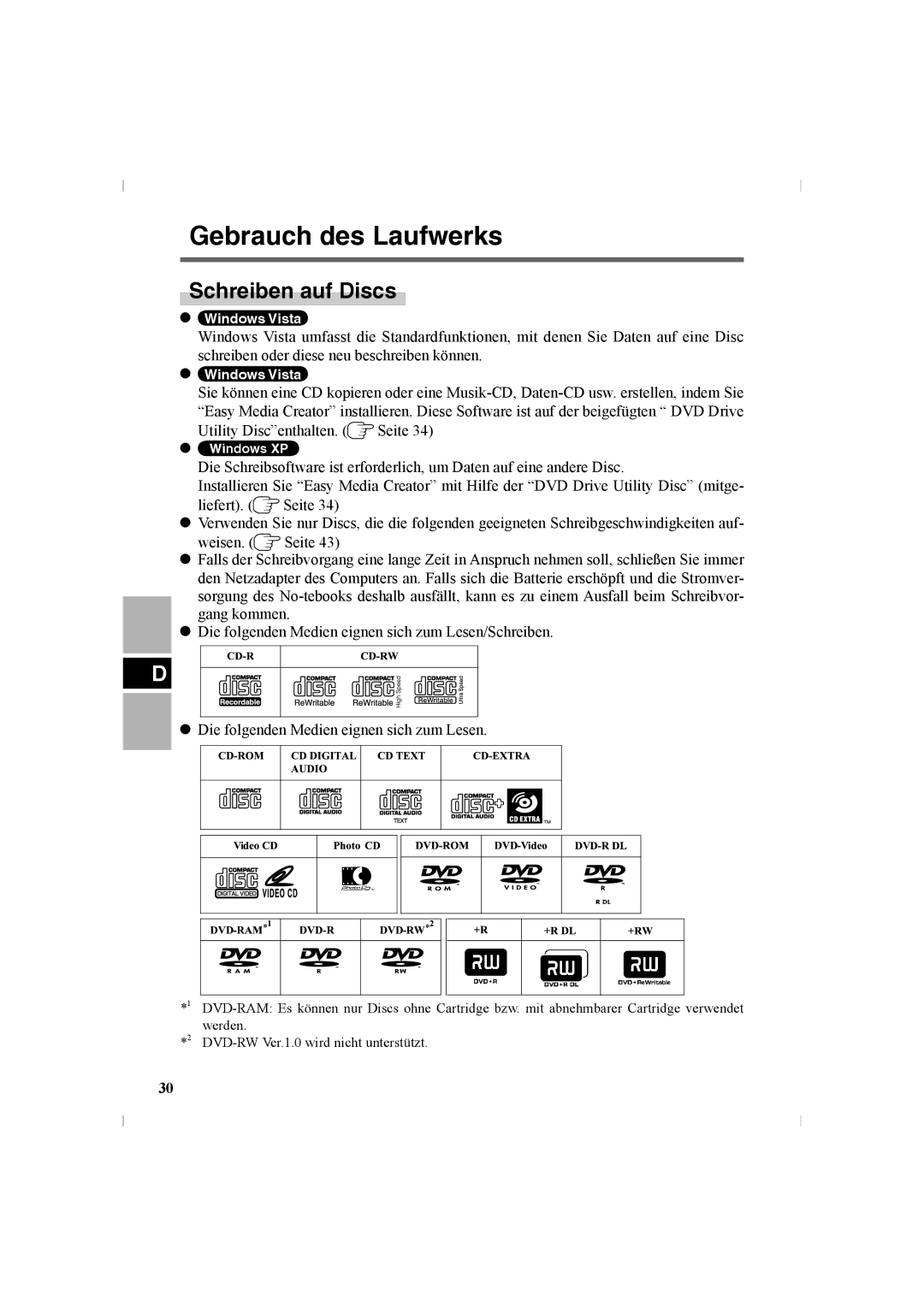 Panasonic CF-VDR302U manual Schreiben auf Discs 