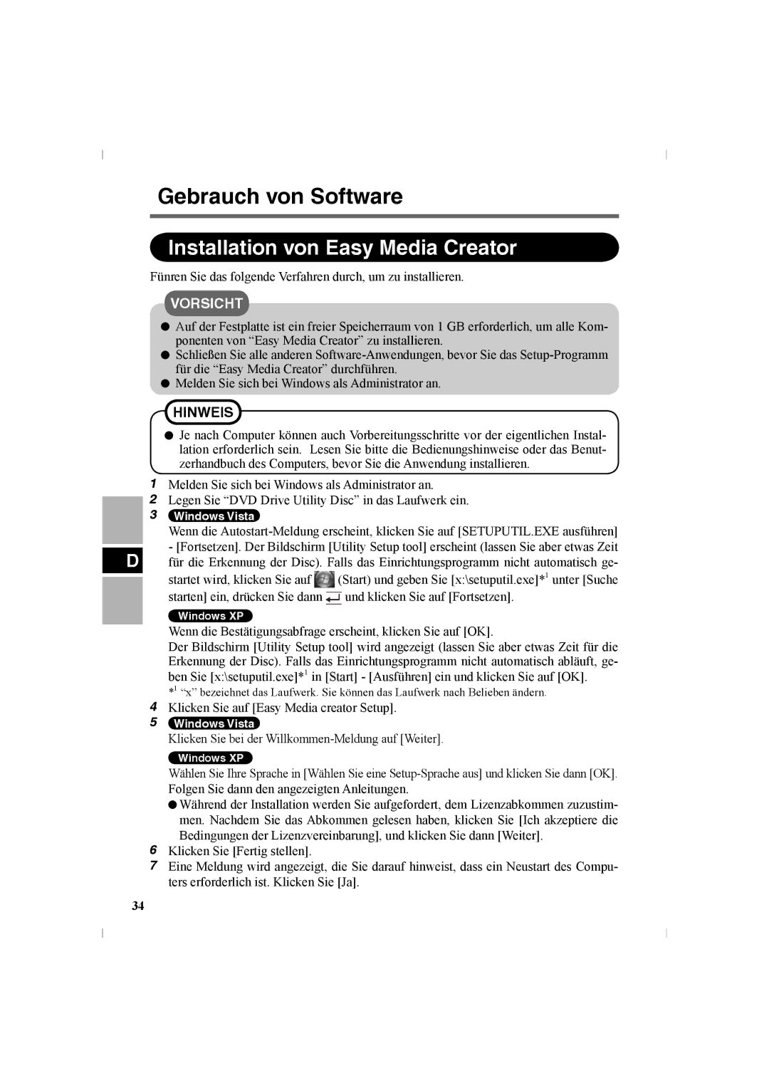 Panasonic CF-VDR302U manual Gebrauch von Software, Installation von Easy Media Creator 