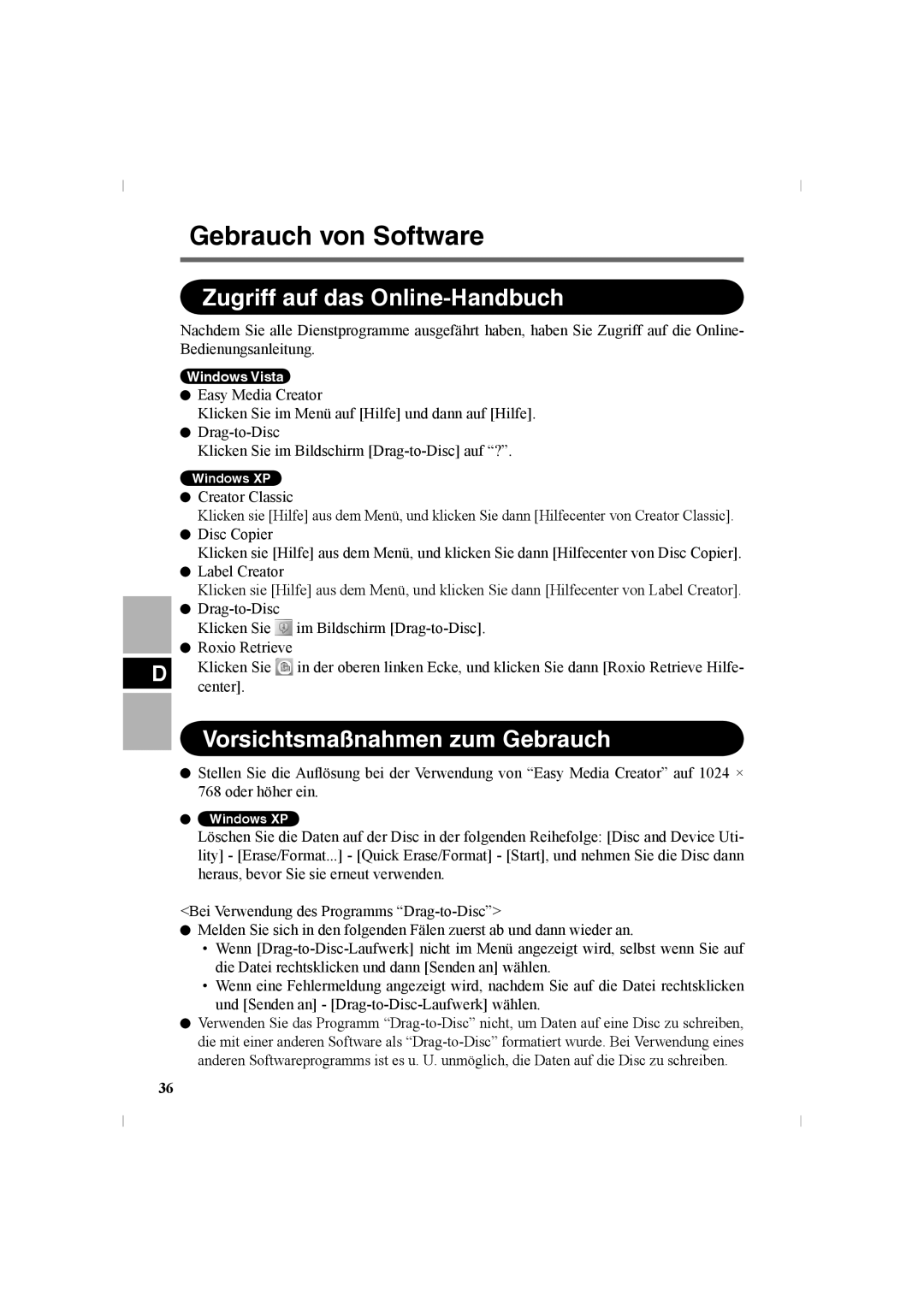 Panasonic CF-VDR302U manual Zugriff auf das Online-Handbuch, Vorsichtsmaßnahmen zum Gebrauch 