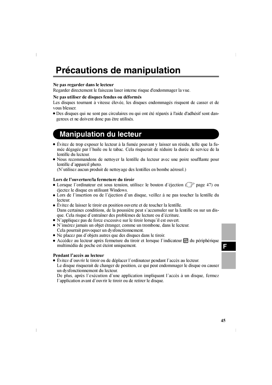 Panasonic CF-VDR302U manual Précautions de manipulation, Manipulation du lecteur 