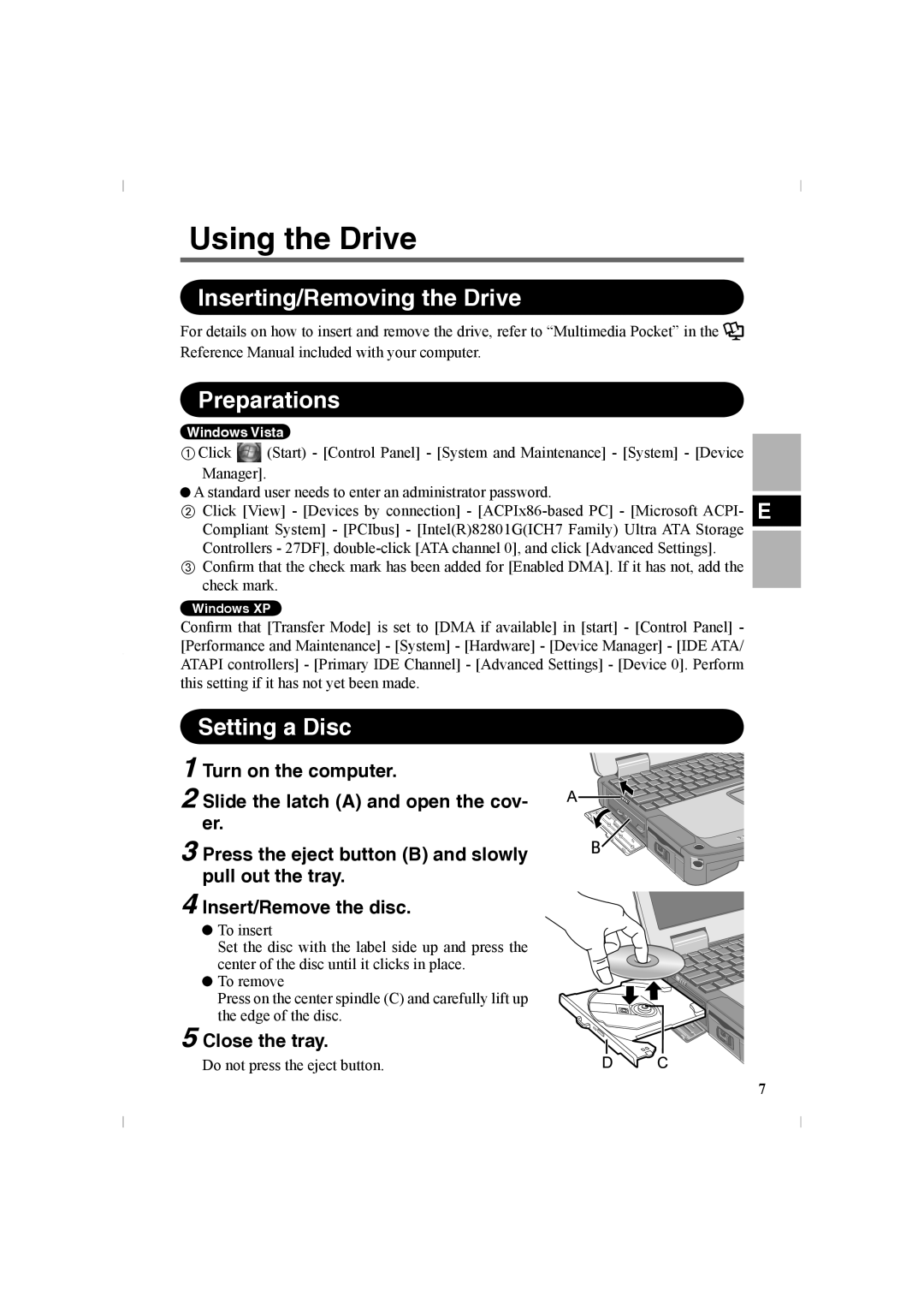 Panasonic CF-VDR302U manual Using the Drive, Inserting/Removing the Drive, Preparations, Setting a Disc 