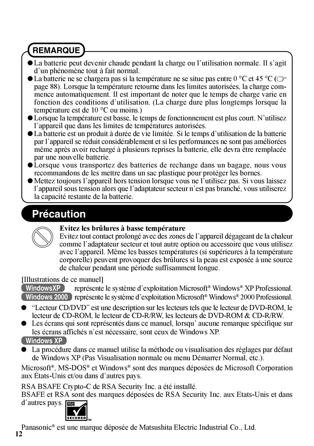 Panasonic CF-VDW07BH specifications Précaution, Evitez les brûlures à basse température 