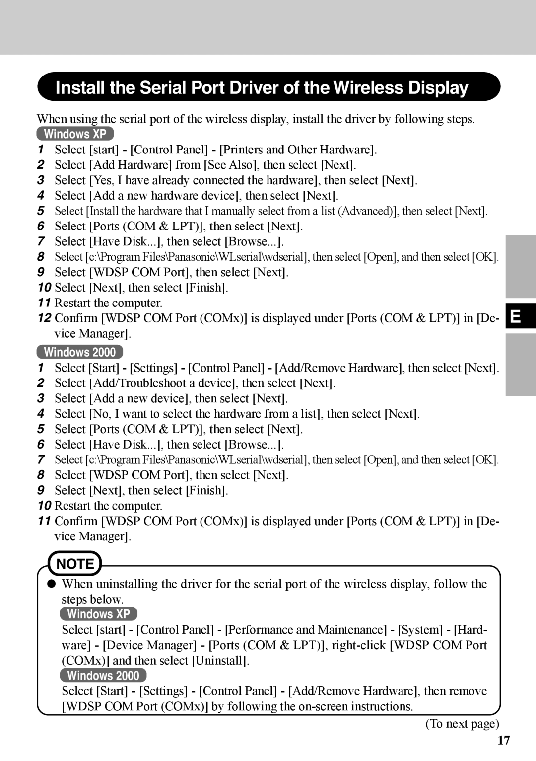 Panasonic CF-VDW07BH specifications Install the Serial Port Driver of the Wireless Display 