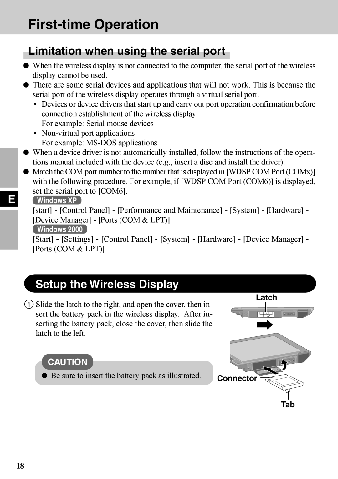 Panasonic CF-VDW07BH specifications Limitation when using the serial port, Setup the Wireless Display, Latch Tab 