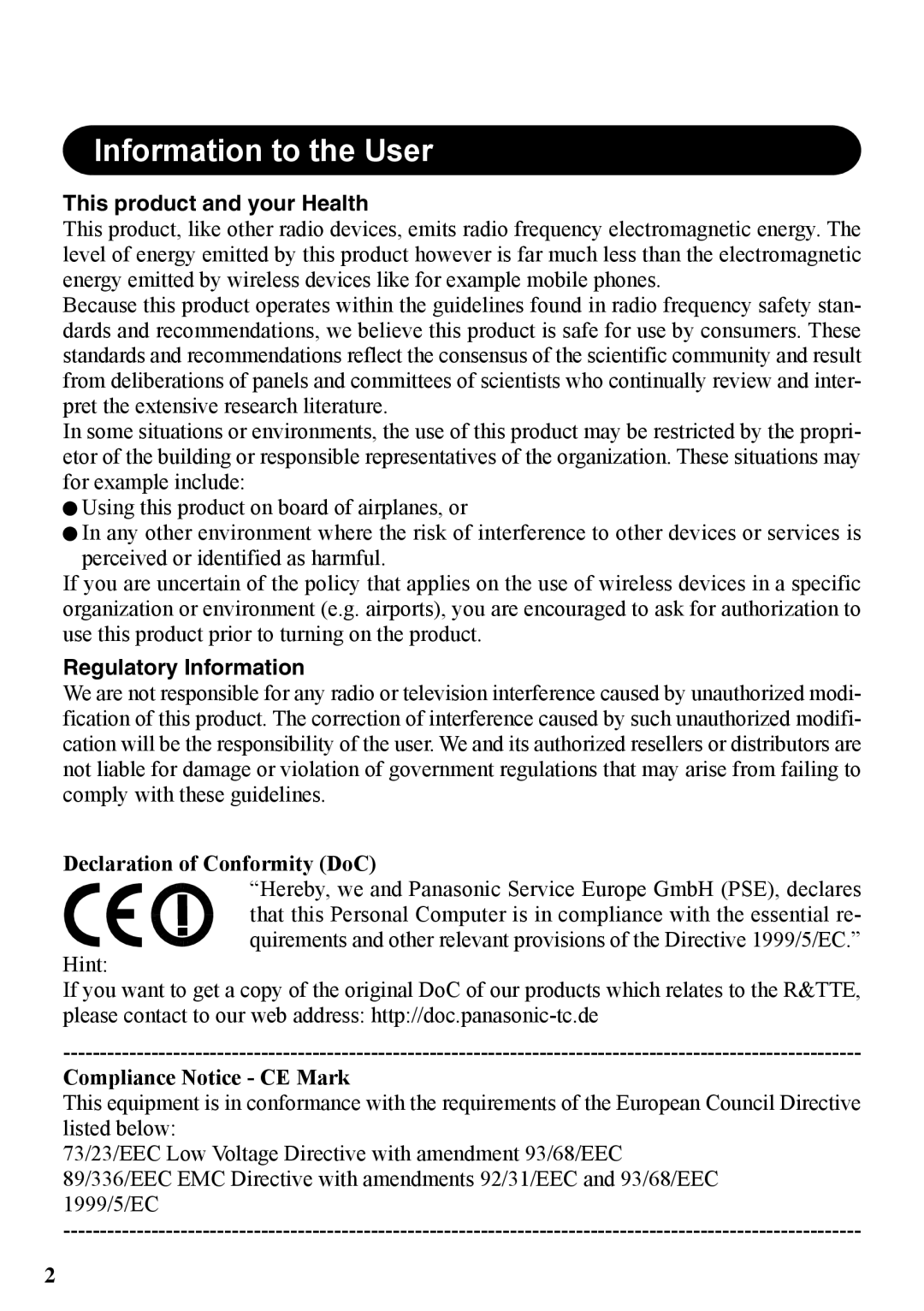 Panasonic CF-VDW07BH specifications This product and your Health, Regulatory Information, Declaration of Conformity DoC 