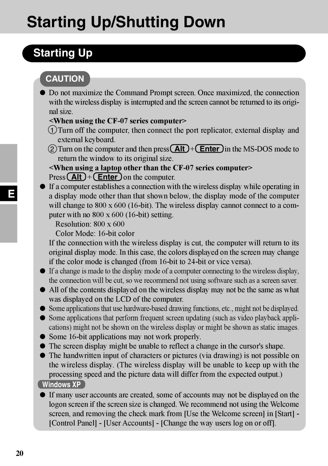 Panasonic CF-VDW07BH specifications Starting Up/Shutting Down, When using the CF-07 series computer 