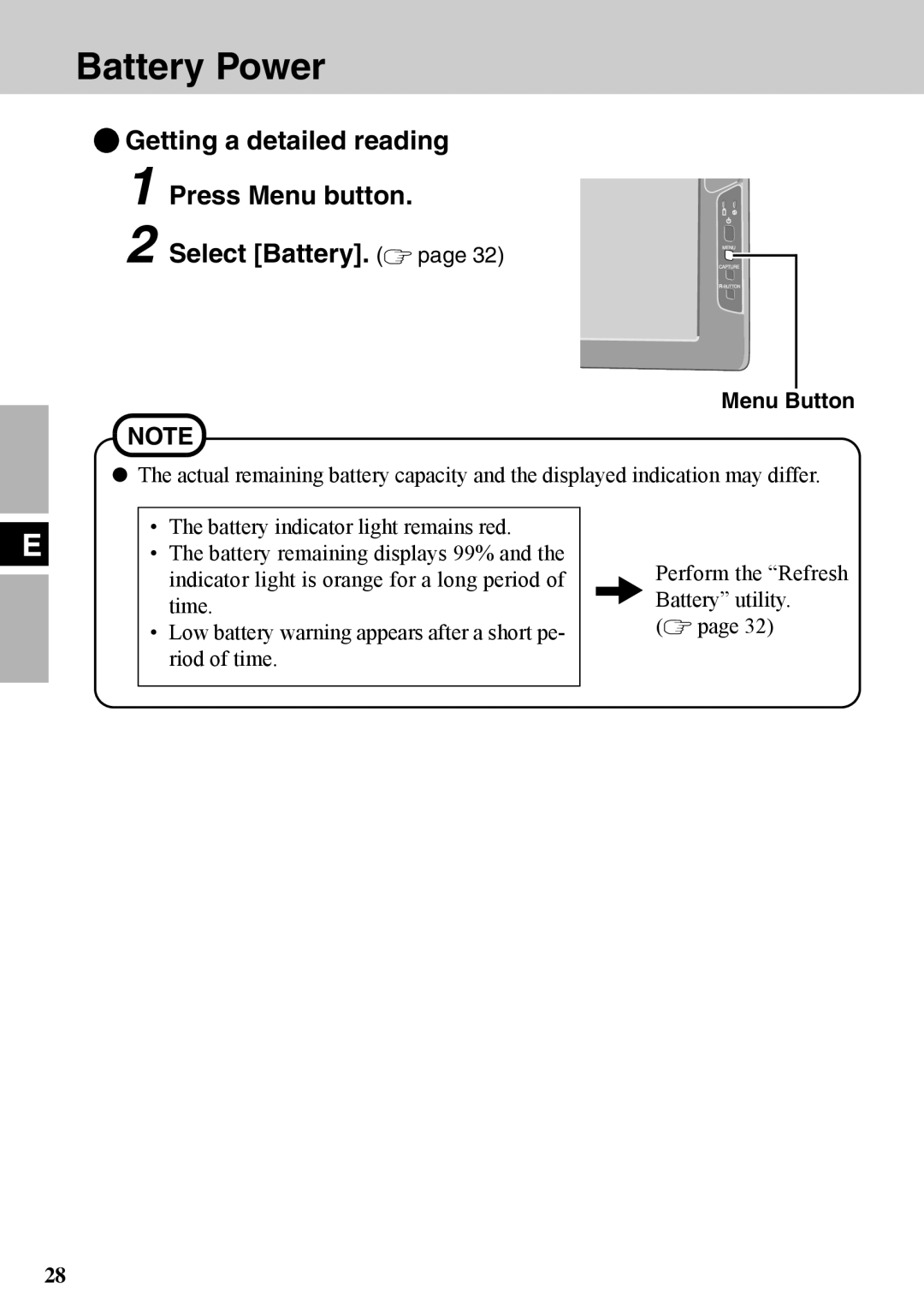 Panasonic CF-VDW07BH specifications Battery Power, Getting a detailed reading Press Menu button Select Battery 