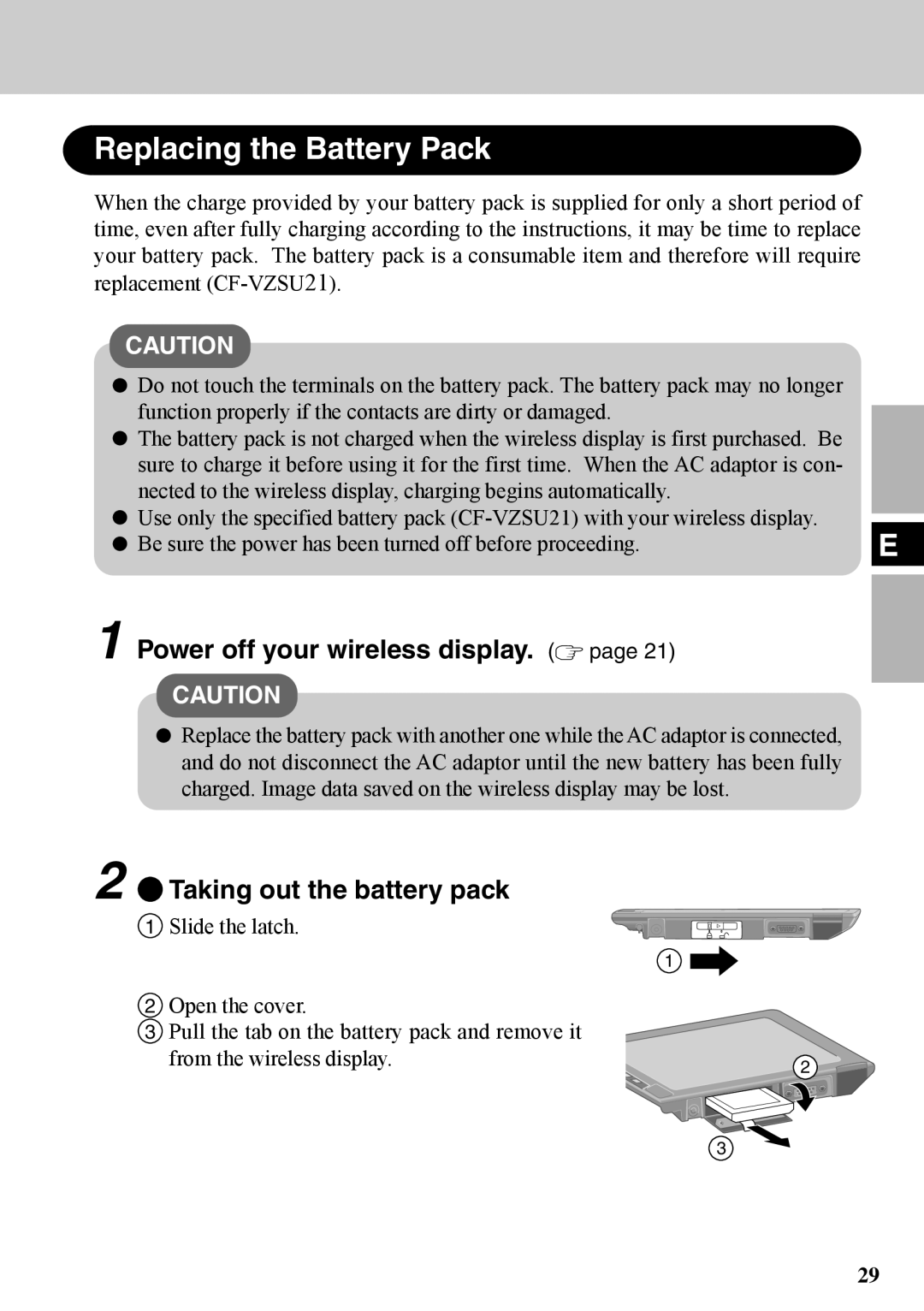 Panasonic CF-VDW07BH Replacing the Battery Pack, Power off your wireless display, Taking out the battery pack 