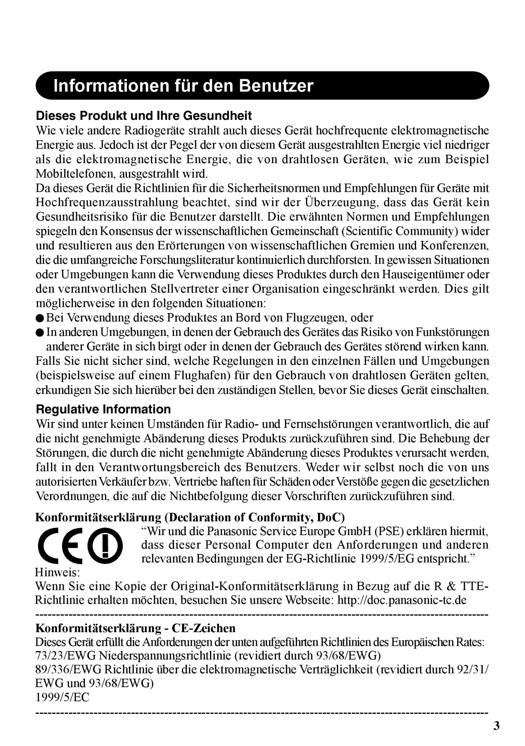 Panasonic CF-VDW07BH Dieses Produkt und Ihre Gesundheit, Regulative Information, Konformitätserklärung CE-Zeichen 