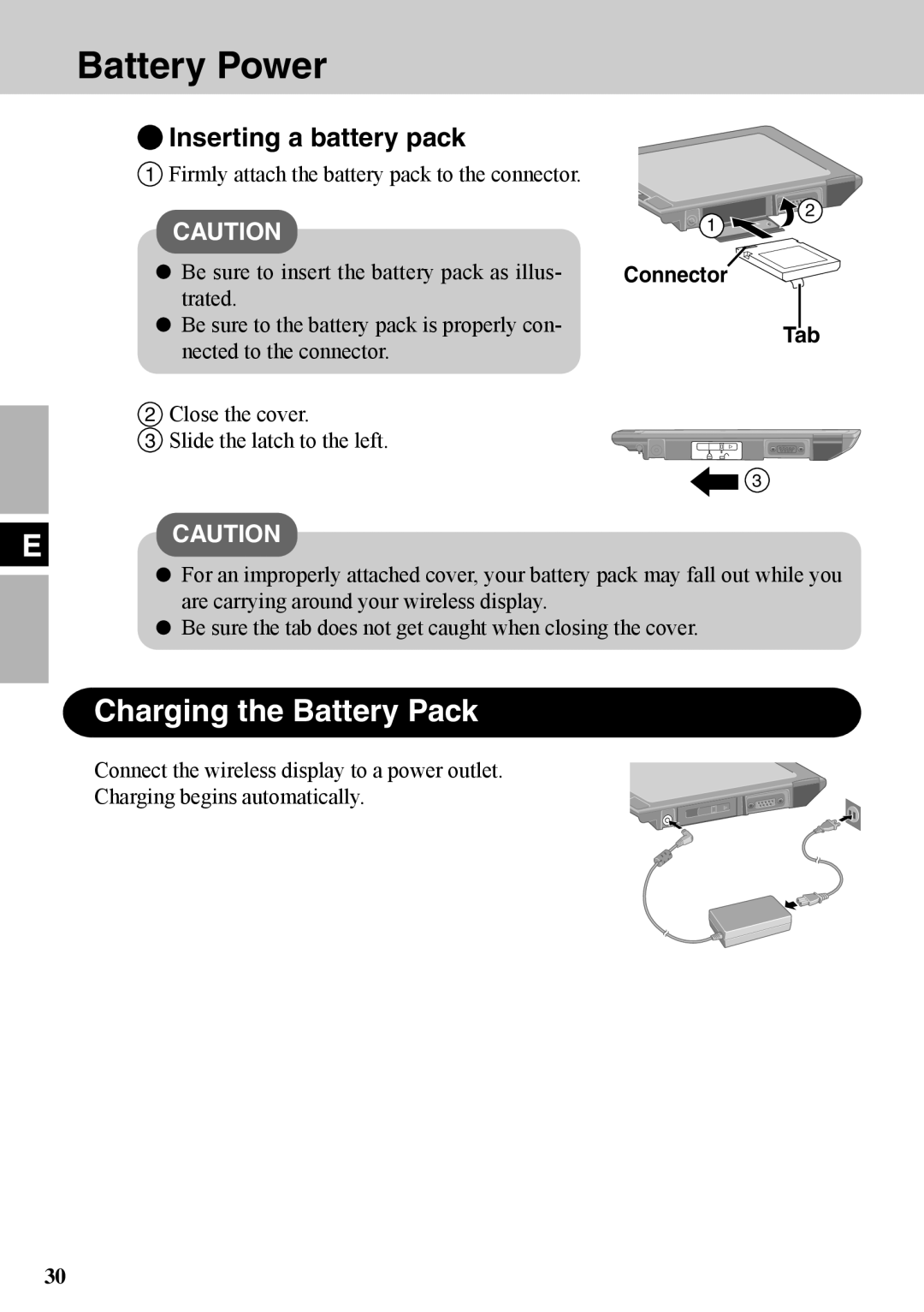 Panasonic CF-VDW07BH specifications Charging the Battery Pack, Inserting a battery pack, Connector Tab 