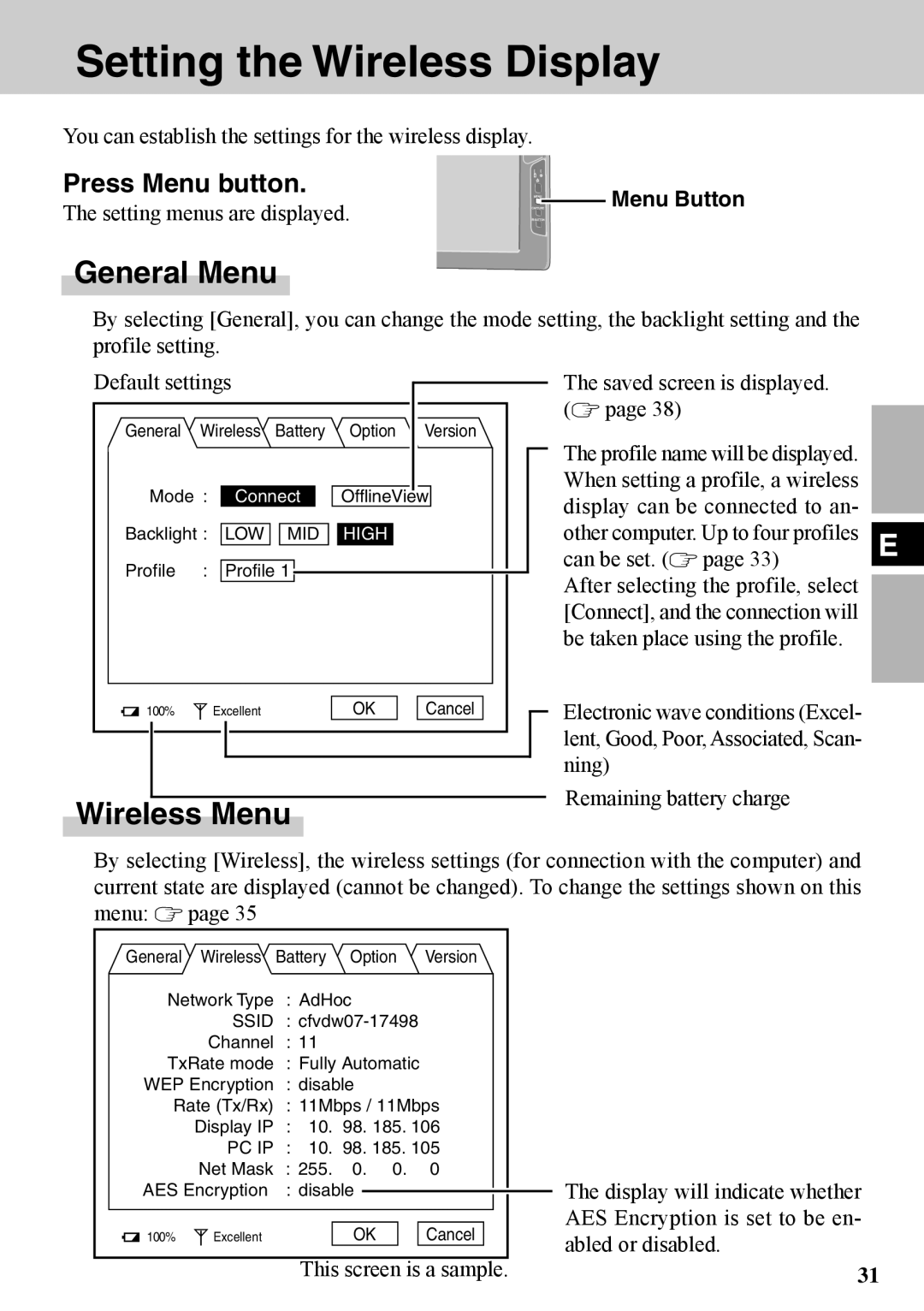 Panasonic CF-VDW07BH specifications Setting the Wireless Display, General Menu, Wireless Menu 