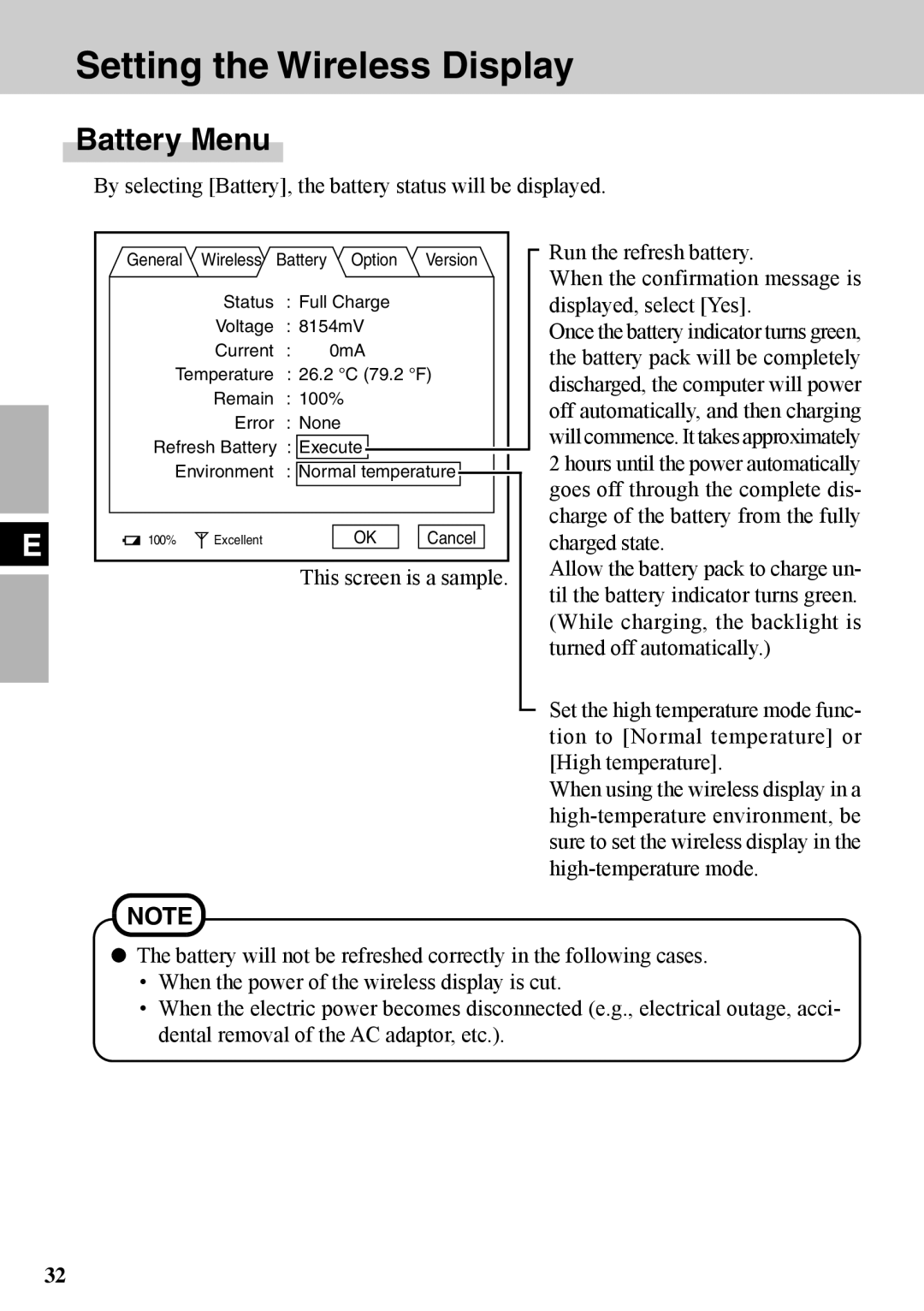 Panasonic CF-VDW07BH specifications Setting the Wireless Display, Battery Menu 