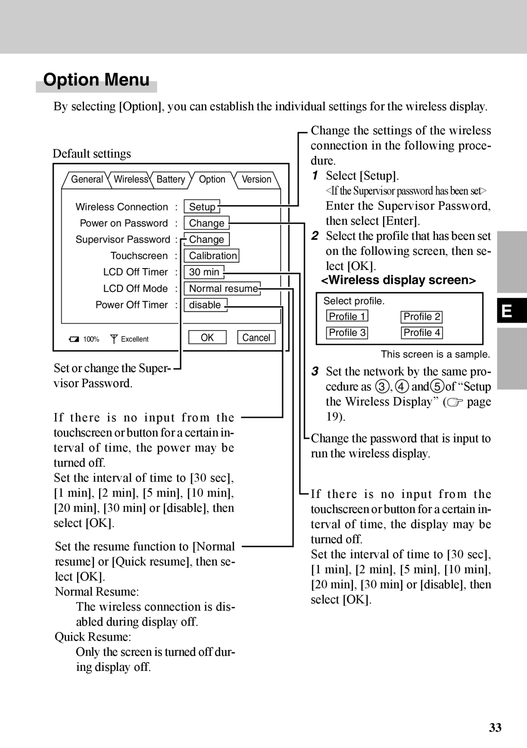 Panasonic CF-VDW07BH specifications Option Menu, Wireless display screen 