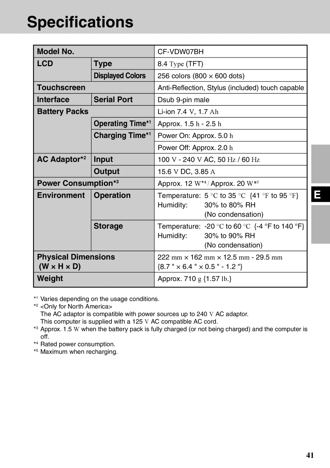 Panasonic CF-VDW07BH specifications Specifications 