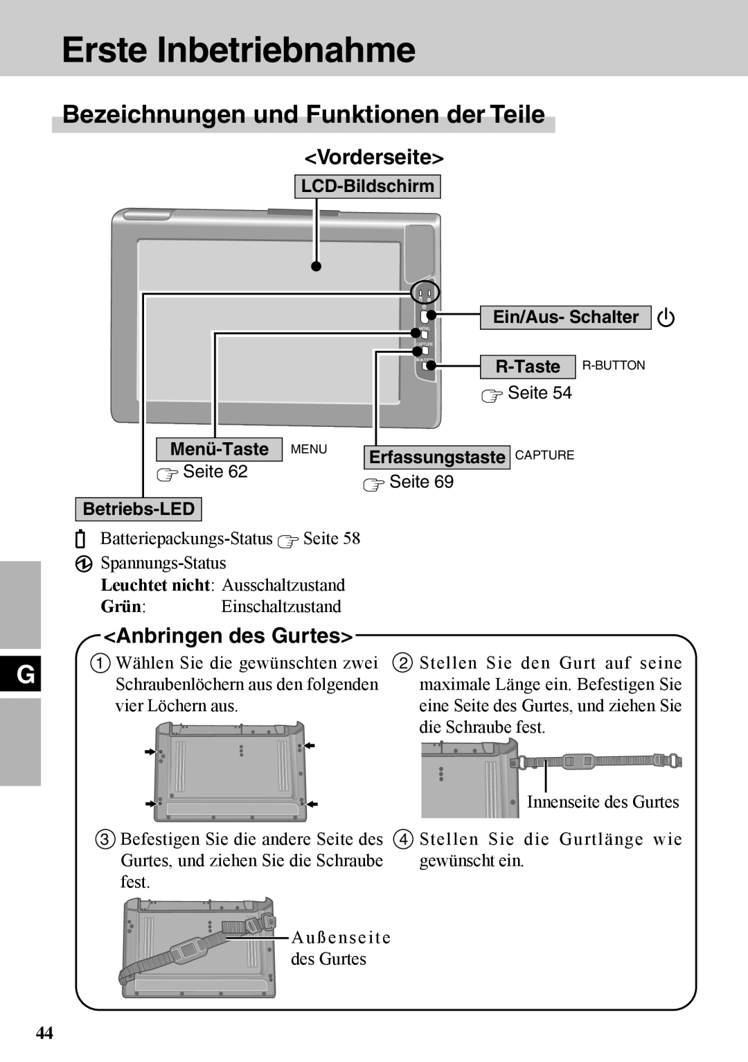 Panasonic CF-VDW07BH Erste Inbetriebnahme, Bezeichnungen und Funktionen der Teile, Vorderseite, Anbringen des Gurtes 