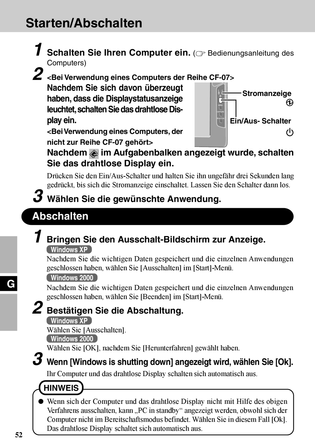 Panasonic CF-VDW07BH specifications Starten/Abschalten 