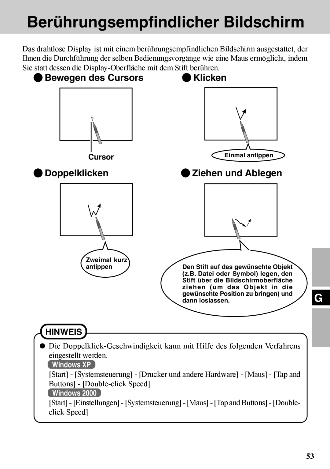 Panasonic CF-VDW07BH Berührungsempfindlicher Bildschirm, Bewegen des Cursors Klicken, Doppelklicken Ziehen und Ablegen 