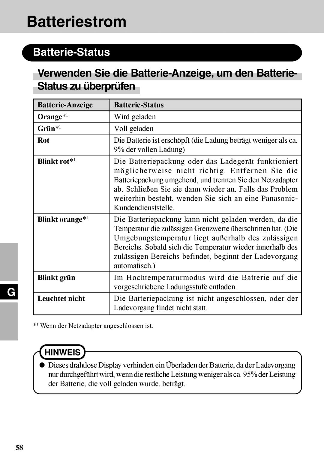 Panasonic CF-VDW07BH specifications Batteriestrom, Batterie-Status 