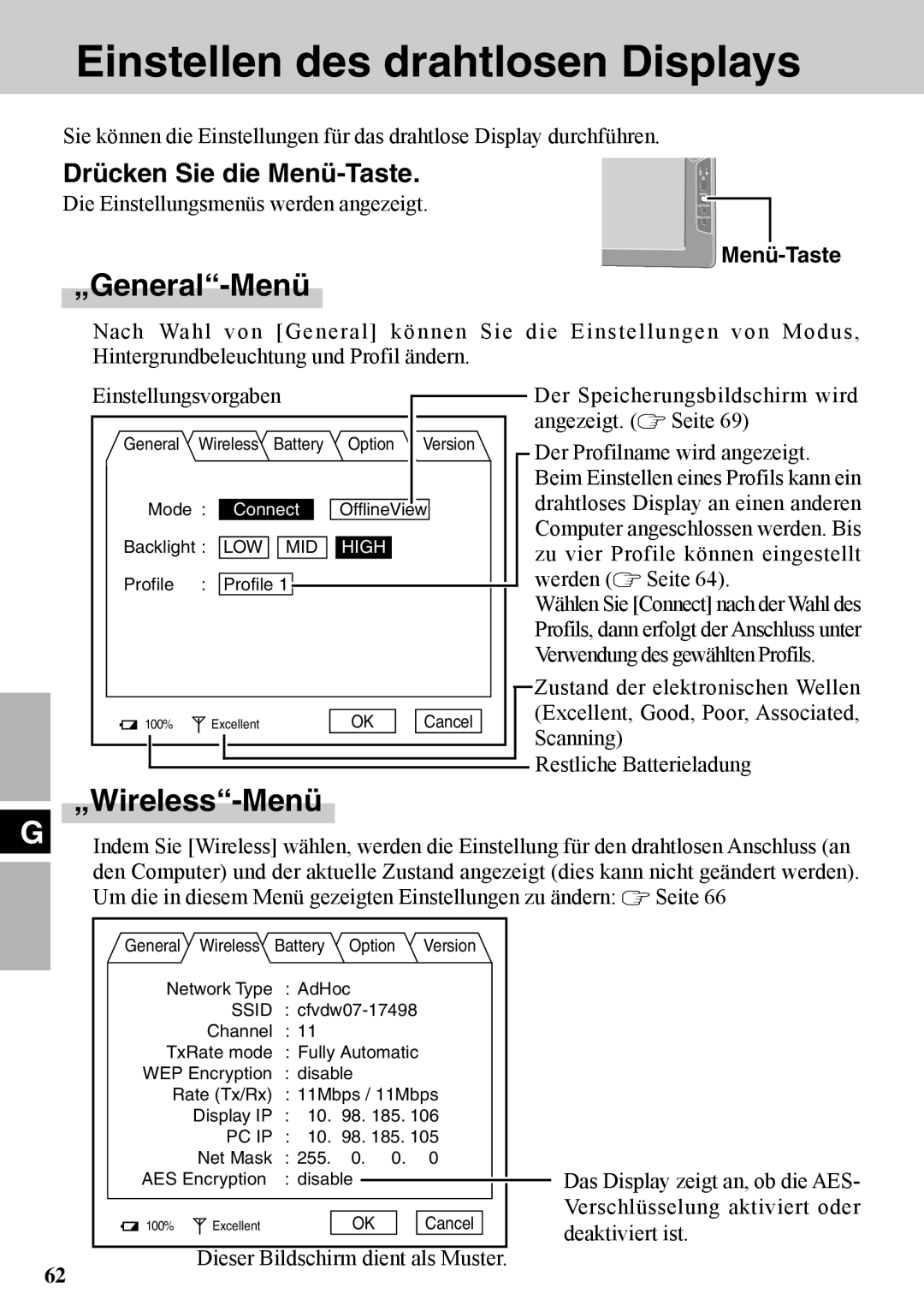 Panasonic CF-VDW07BH specifications Einstellen des drahtlosen Displays, „General-Menü, „Wireless-Menü 