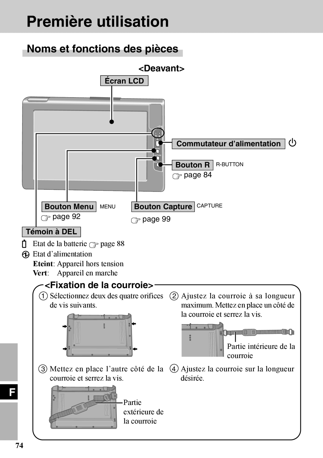 Panasonic CF-VDW07BH specifications Première utilisation, Noms et fonctions des pièces, Deavant, Fixation de la courroie 