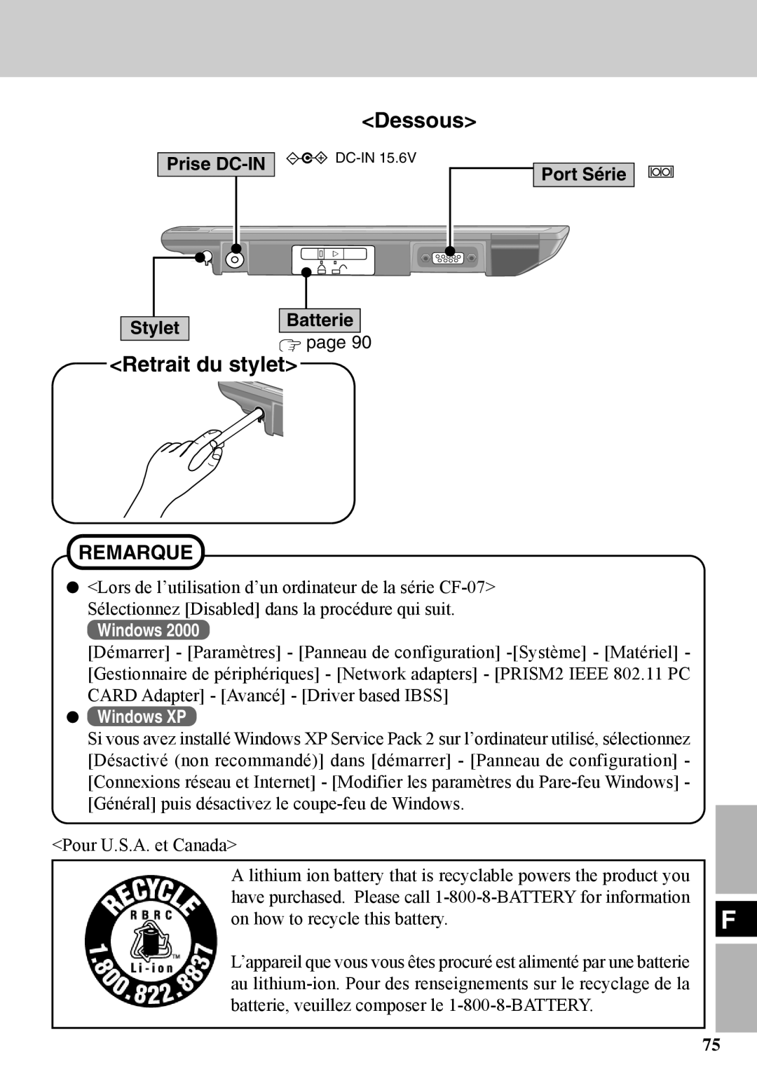 Panasonic CF-VDW07BH specifications Dessous, Retrait du stylet, Prise DC-IN, Stylet Batterie 