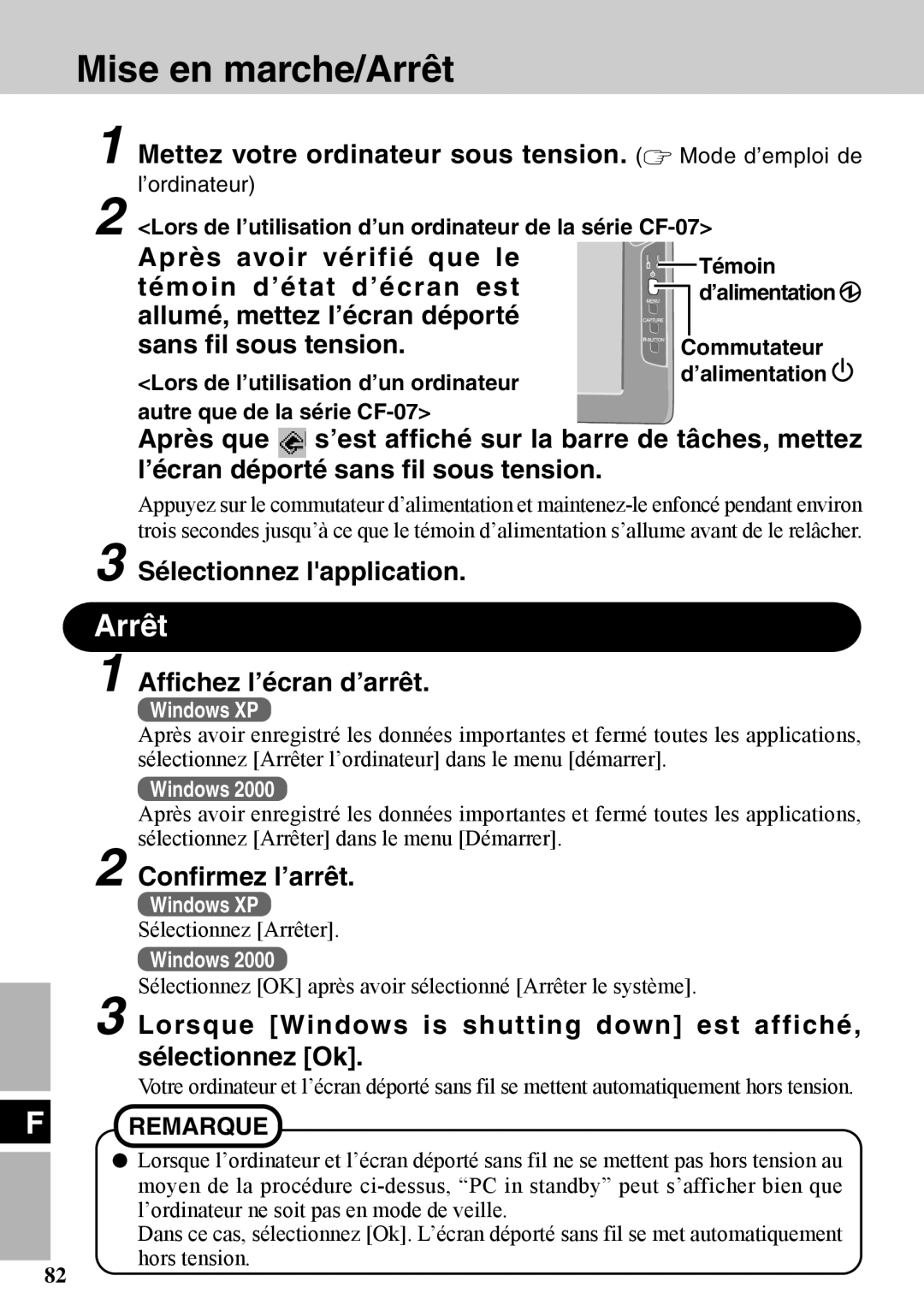 Panasonic CF-VDW07BH specifications Mise en marche/Arrêt 