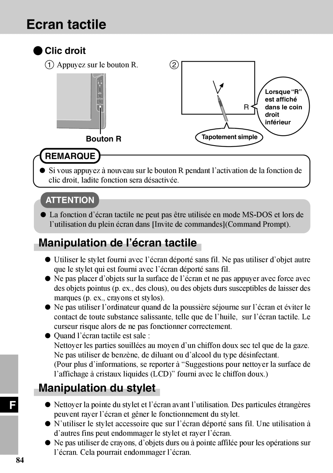 Panasonic CF-VDW07BH Ecran tactile, Manipulation de l’écran tactile, Manipulation du stylet, Clic droit, Bouton R 