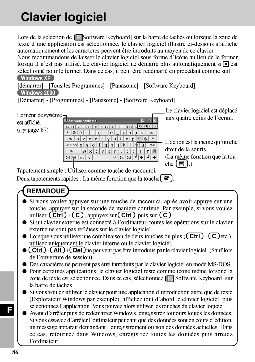 Panasonic CF-VDW07BH specifications Clavier logiciel 