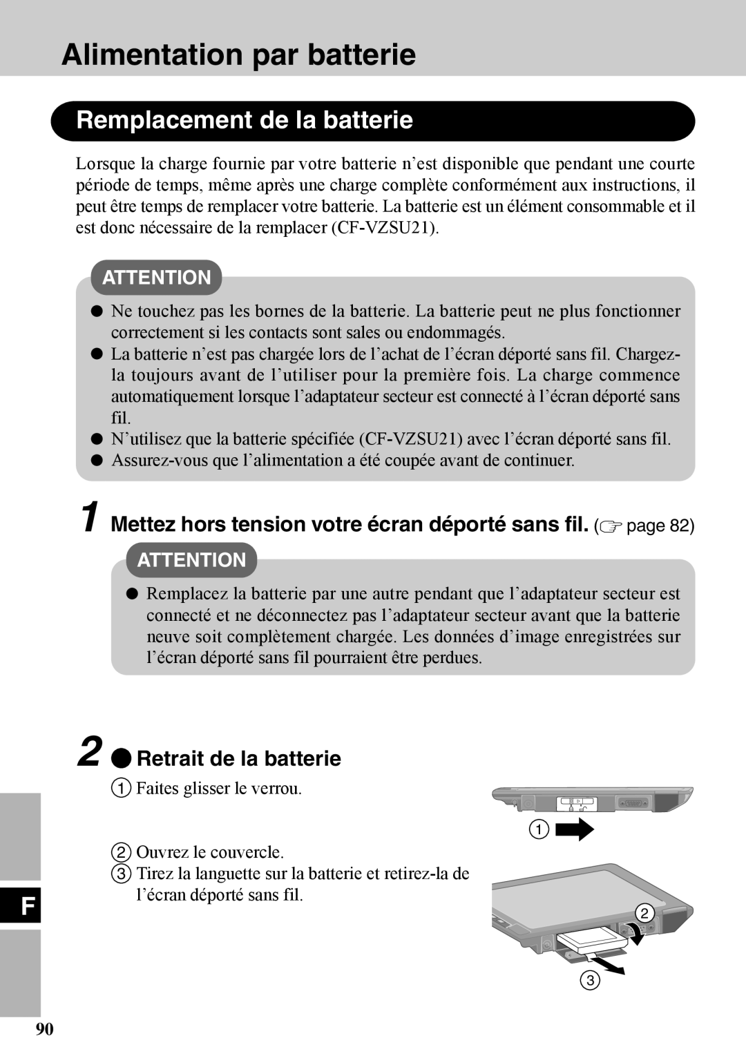 Panasonic CF-VDW07BH specifications Alimentation par batterie, Remplacement de la batterie, Retrait de la batterie 