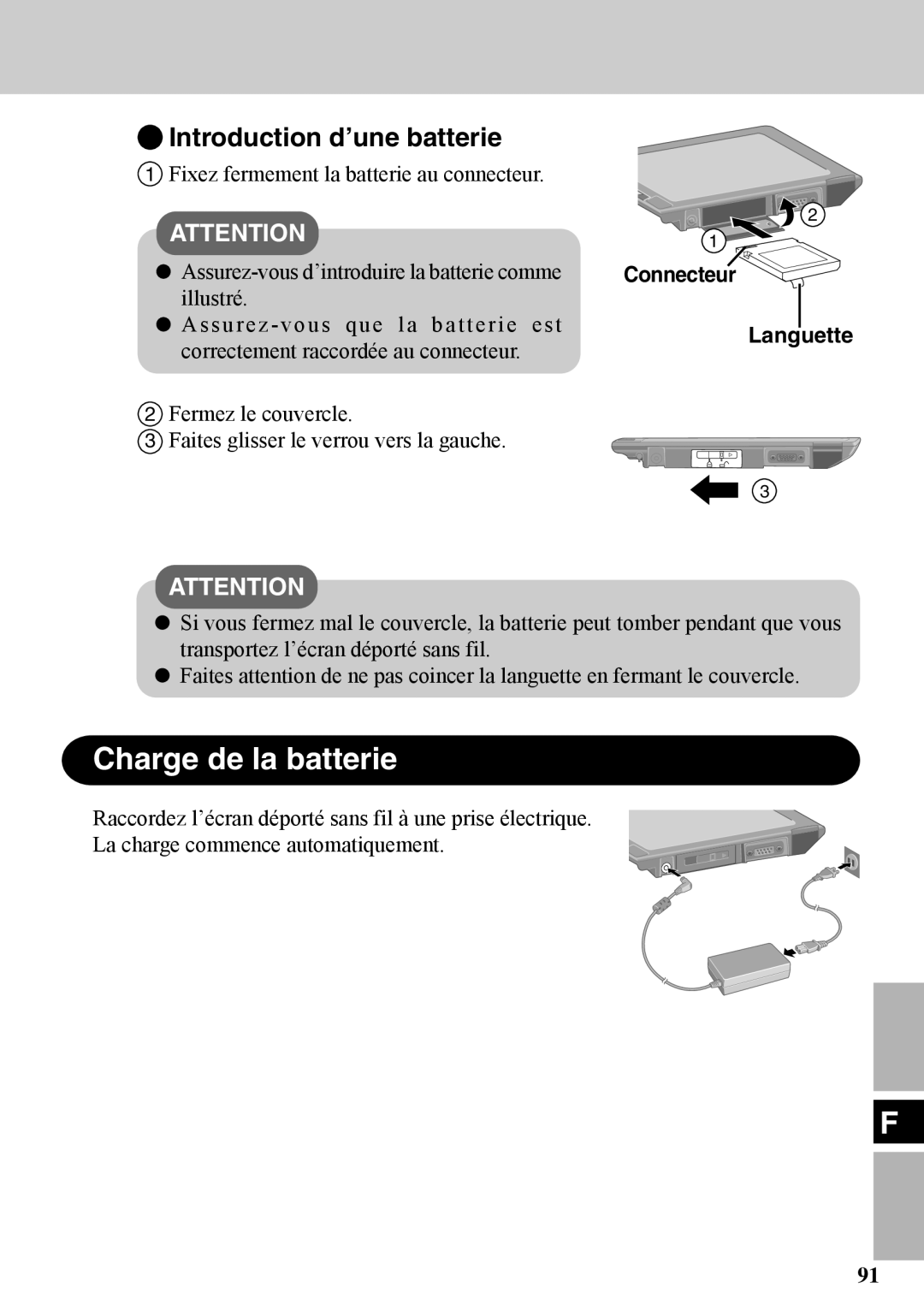 Panasonic CF-VDW07BH specifications Charge de la batterie, Introduction d’une batterie, Connecteur, Languette 