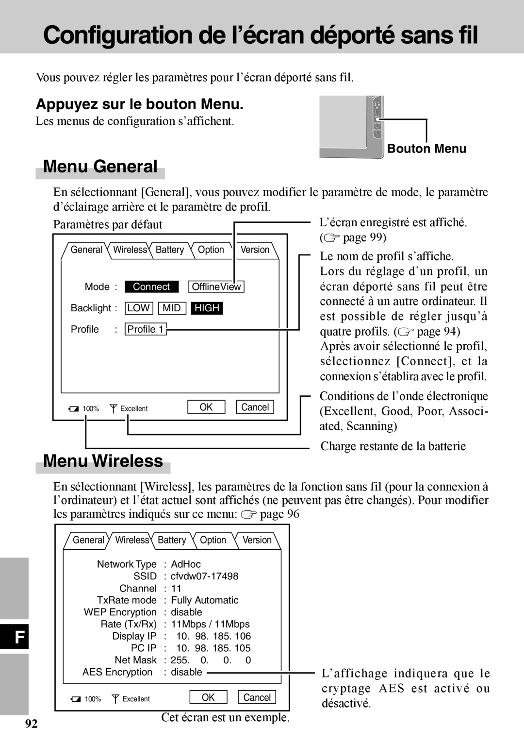 Panasonic CF-VDW07BH specifications Menu General, Menu Wireless 