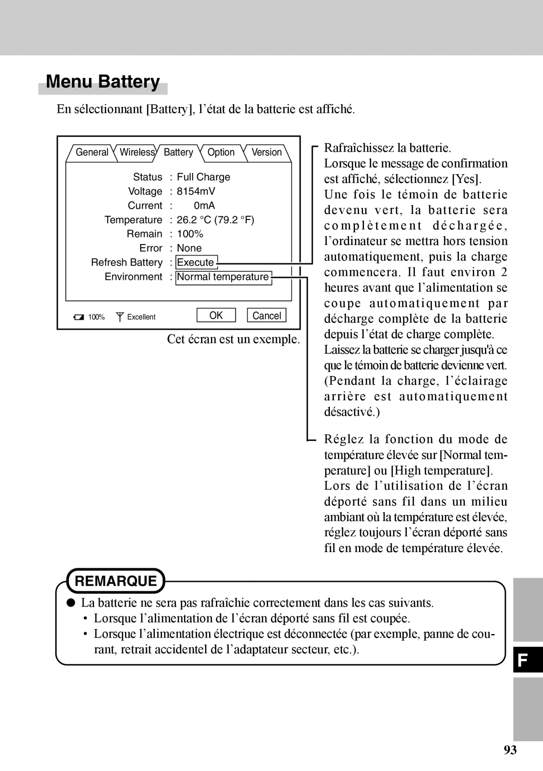 Panasonic CF-VDW07BH specifications Menu Battery, En sélectionnant Battery, l’état de la batterie est affiché 