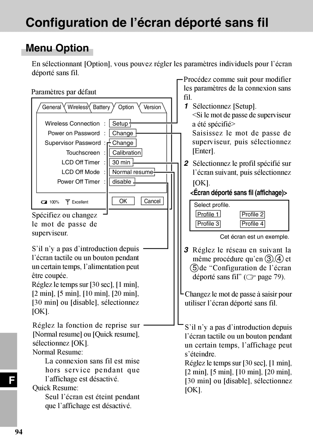 Panasonic CF-VDW07BH specifications Configuration de l’écran déporté sans fil, Menu Option 