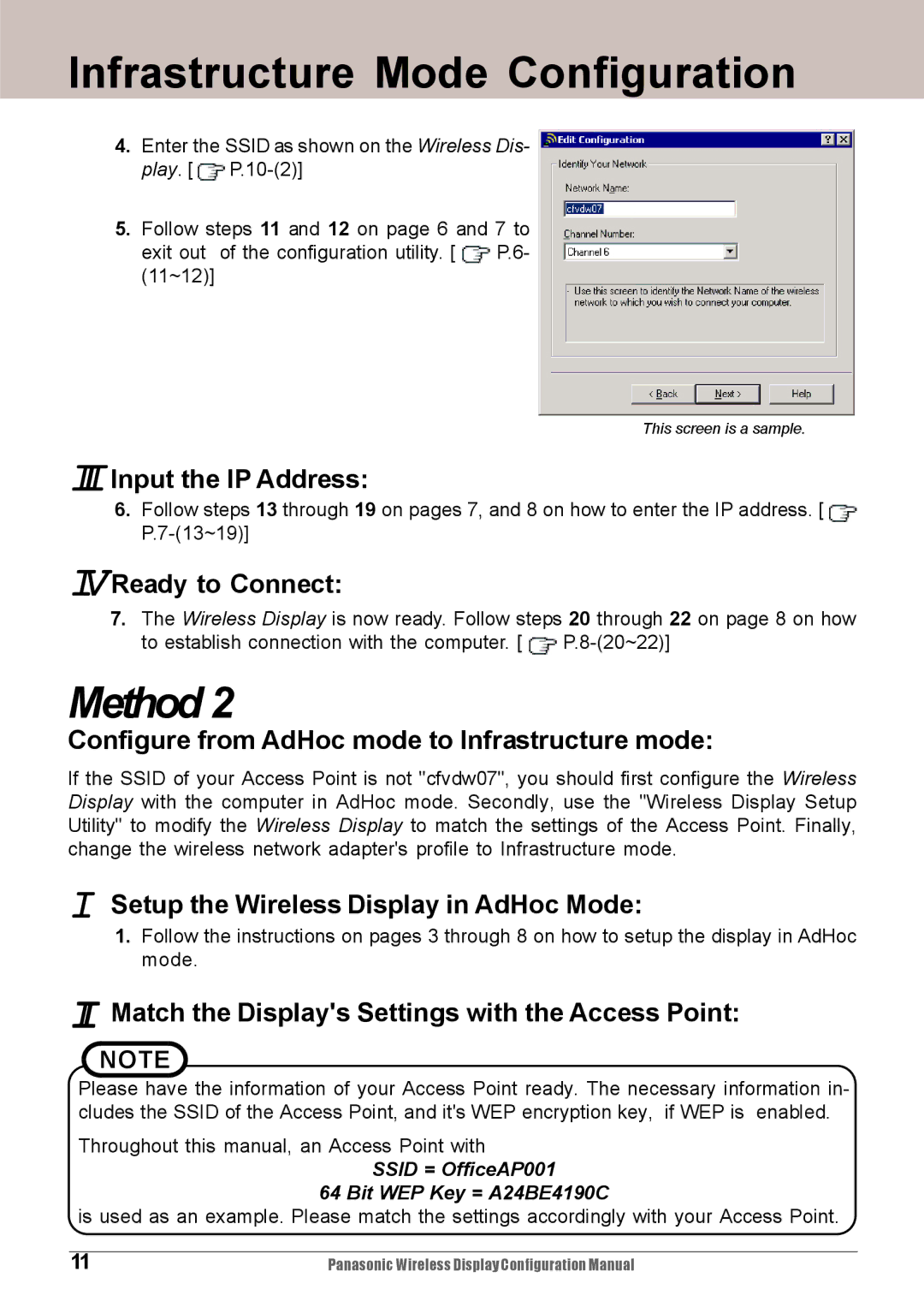 Panasonic CF-VDW07HM, CF-VDW07M Configure from AdHoc mode to Infrastructure mode, Setup the Wireless Display in AdHoc Mode 