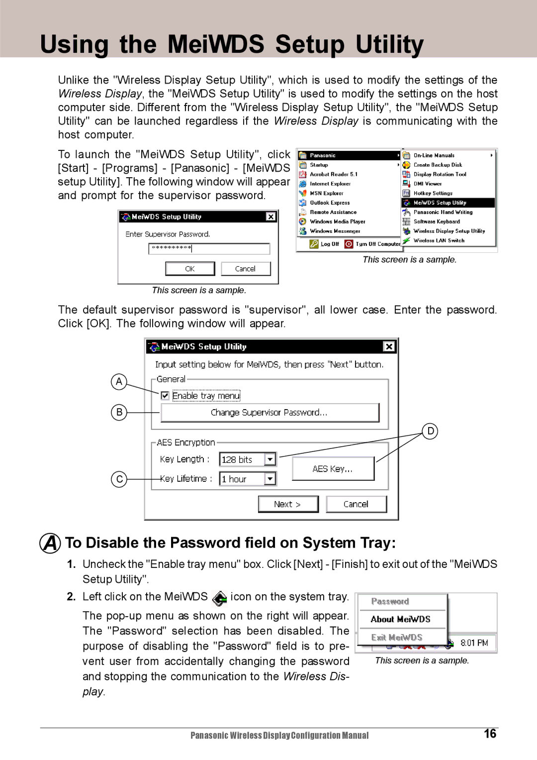 Panasonic CF-VDW07M, CF-VDW07HM Using the MeiWDS Setup Utility, To Disable the Password field on System Tray 