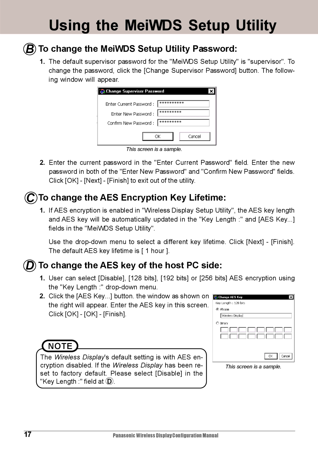 Panasonic CF-VDW07HM, CF-VDW07M To change the MeiWDS Setup Utility Password, To change the AES Encryption Key Lifetime 