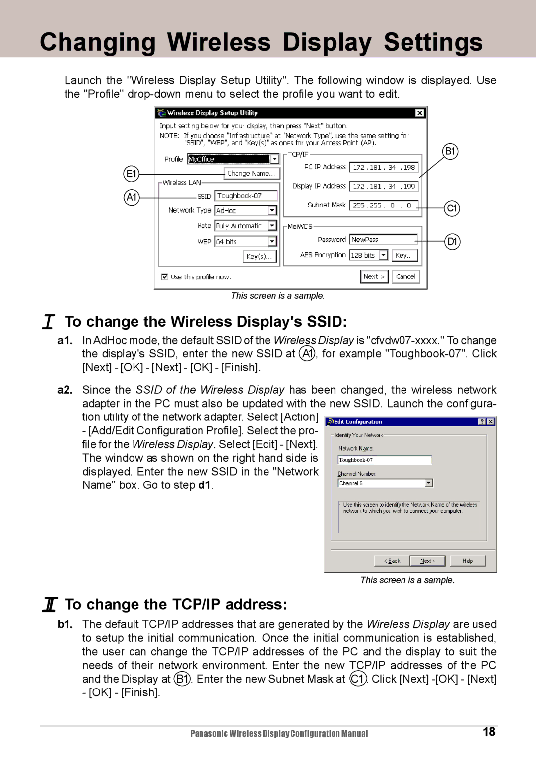 Panasonic CF-VDW07M Changing Wireless Display Settings, To change the Wireless Displays Ssid, To change the TCP/IP address 