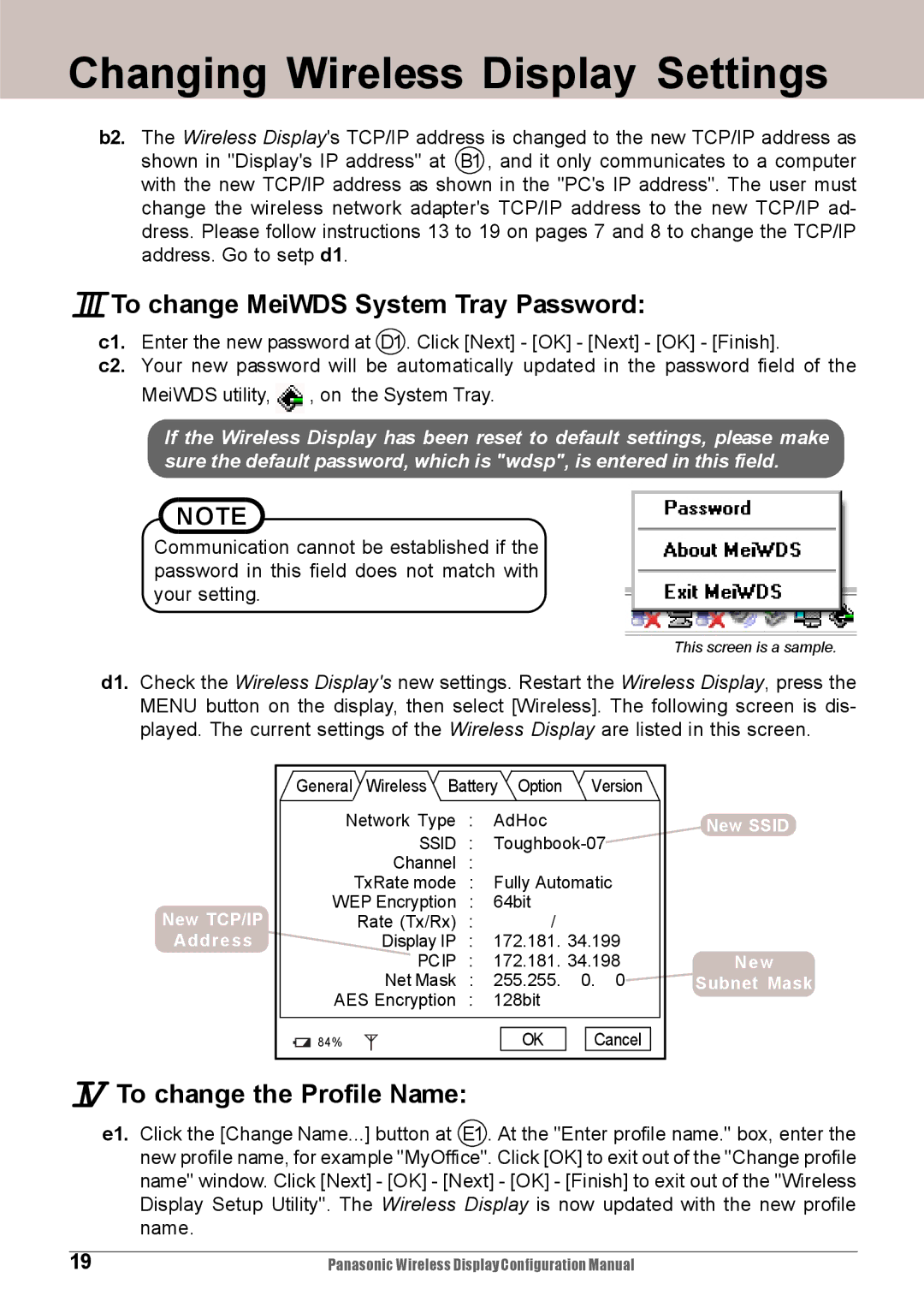 Panasonic CF-VDW07HM, CF-VDW07M configurationmanual ITo change MeiWDS System Tray Password, IV To change the Profile Name 