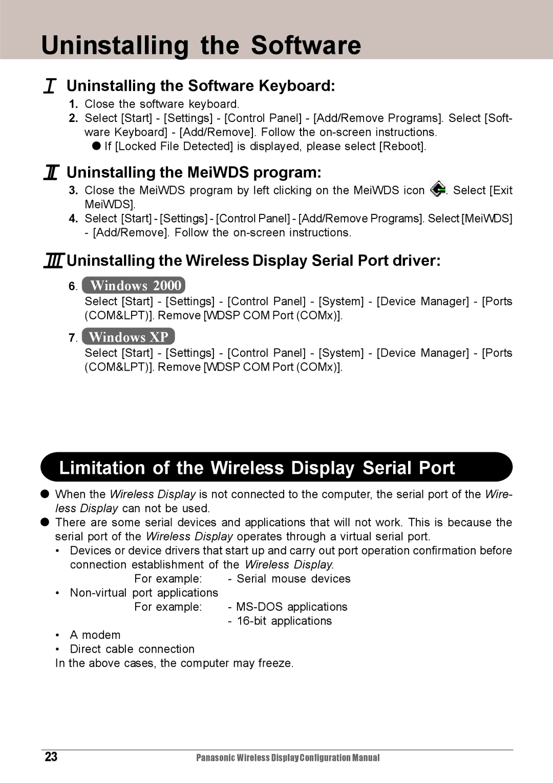 Panasonic CF-VDW07HM, CF-VDW07M configurationmanual Uninstalling the Software Keyboard, Uninstalling the MeiWDS program 