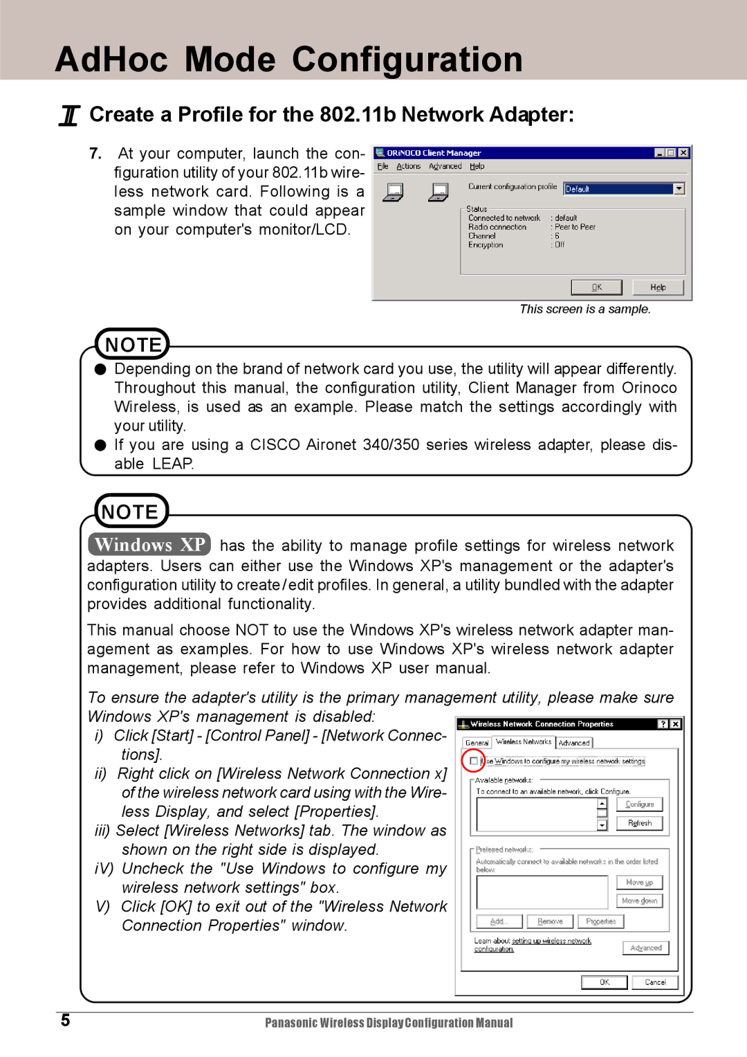 Panasonic CF-VDW07HM, CF-VDW07M configurationmanual Create a Profile for the 802.11b Network Adapter 