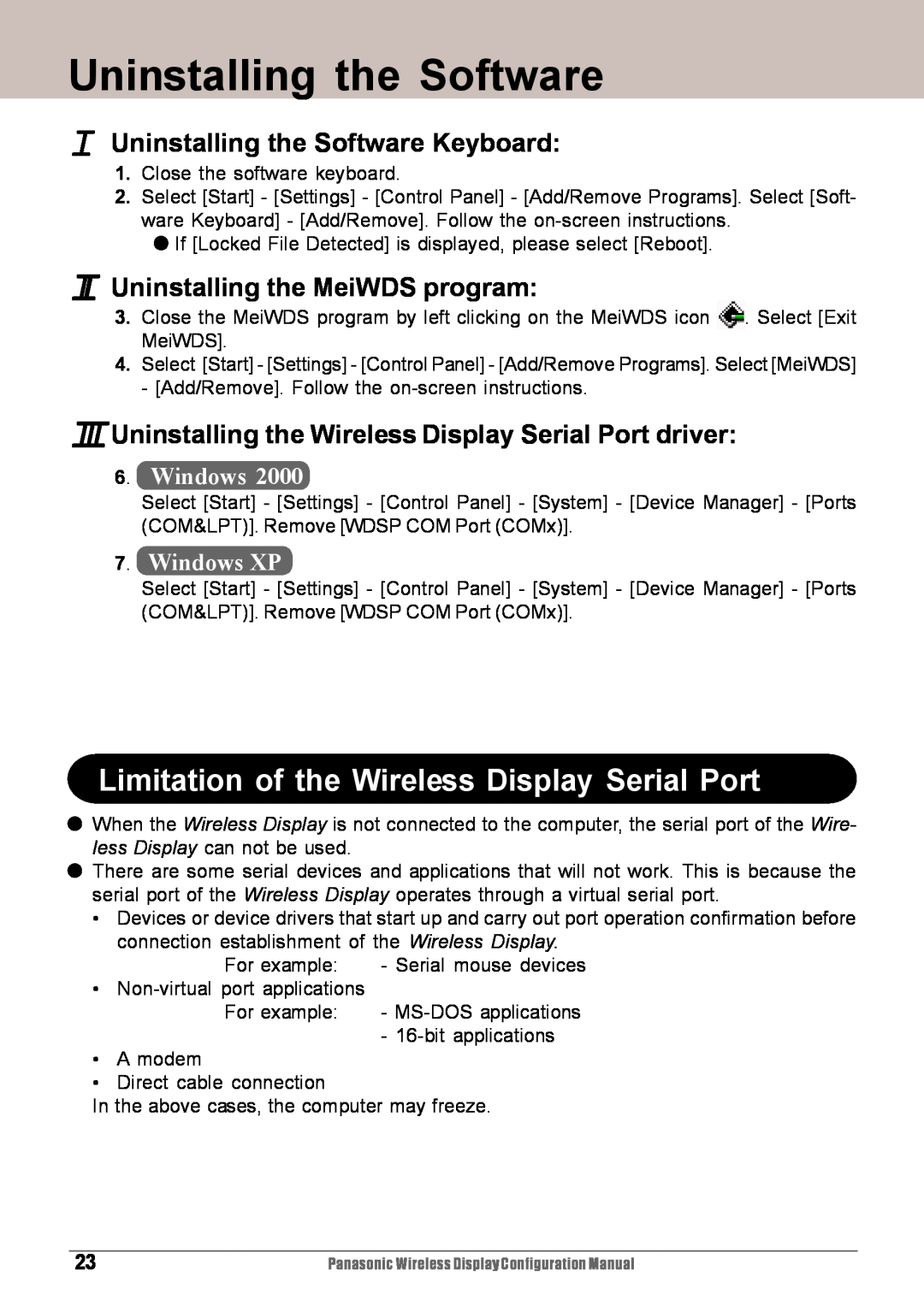 Panasonic CF-VDW07HM, CF-VDW07M Uninstalling the Software, Limitation of the Wireless Display Serial Port, Windows XP 