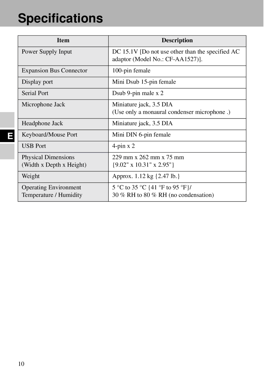 Panasonic CF-VEB343 specifications Specifications, Description 