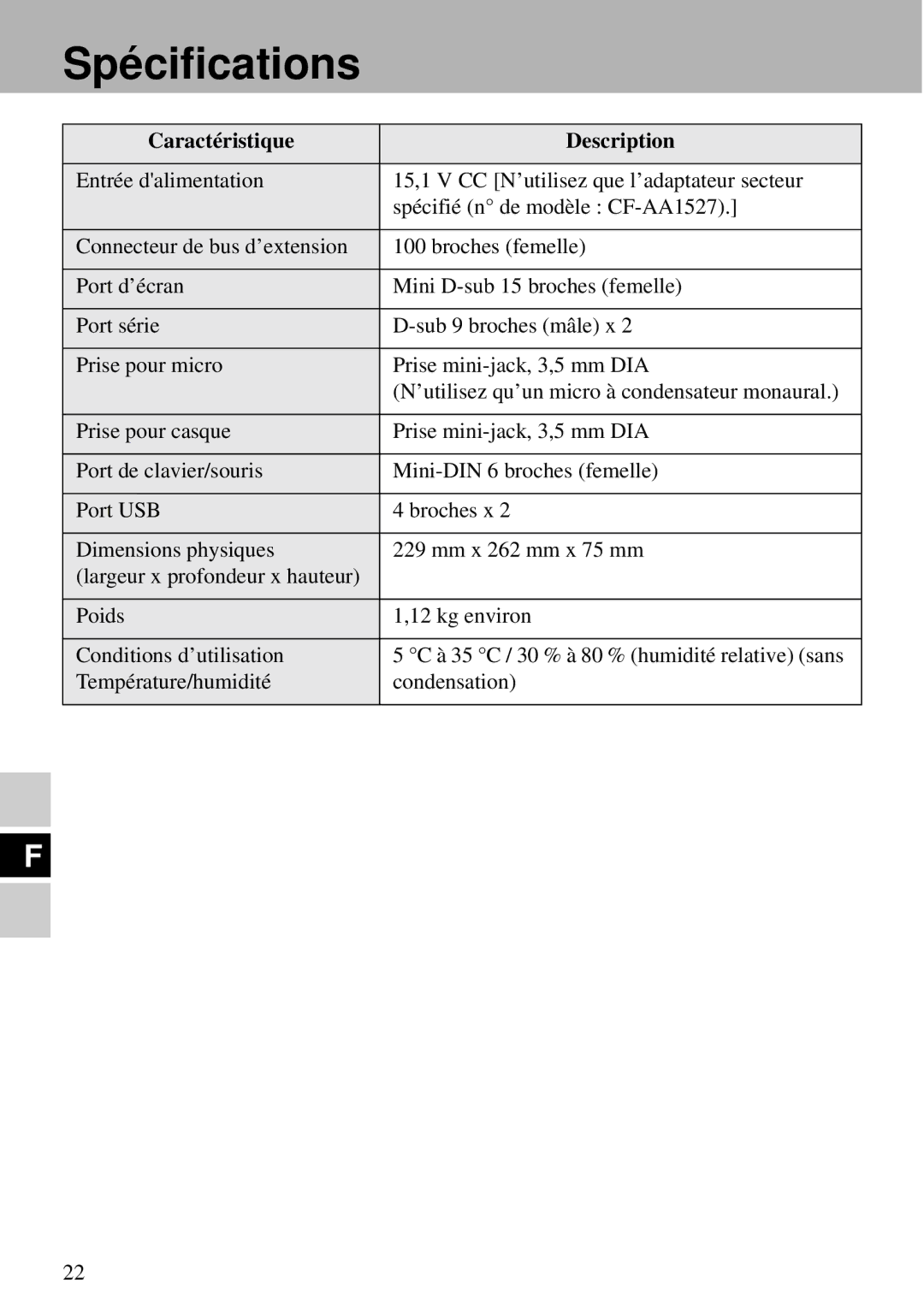 Panasonic CF-VEB343 specifications Spé cifications, Caractéristique Description 