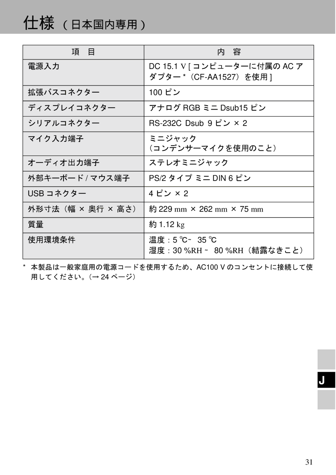 Panasonic CF-VEB343 specifications 仕様 （日本国内専用） 