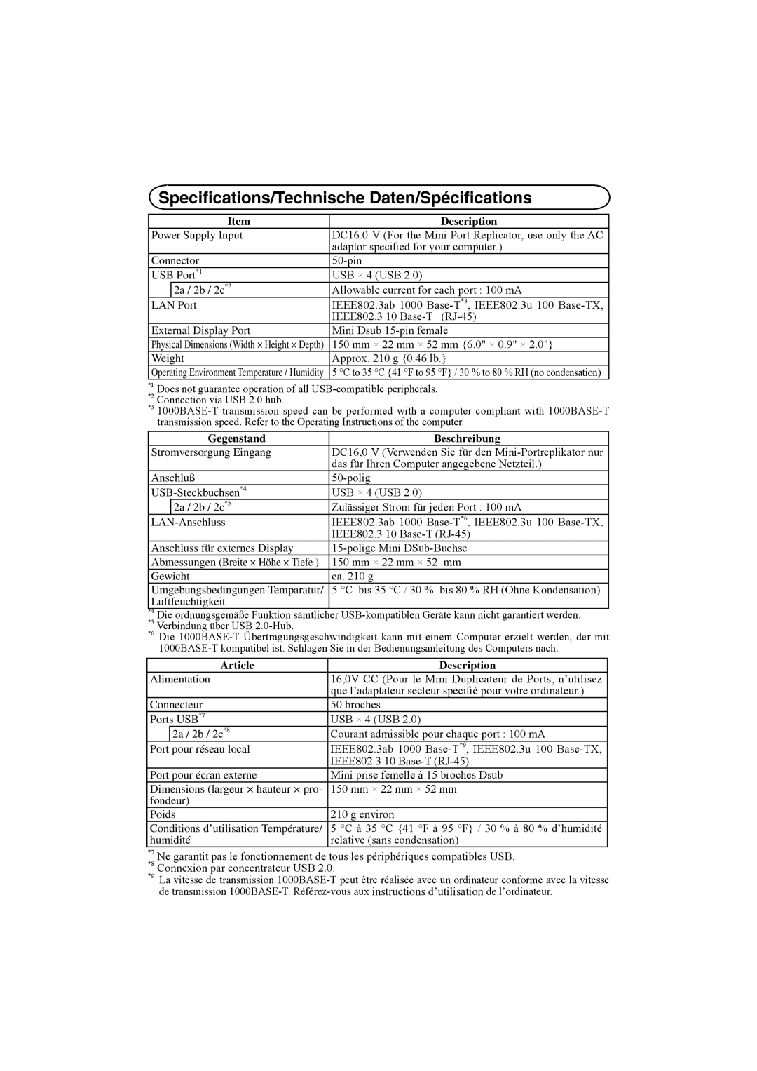 Panasonic CF-VEBU05BU manual Speciﬁcations/Technische Daten/Spéciﬁcations, Description 